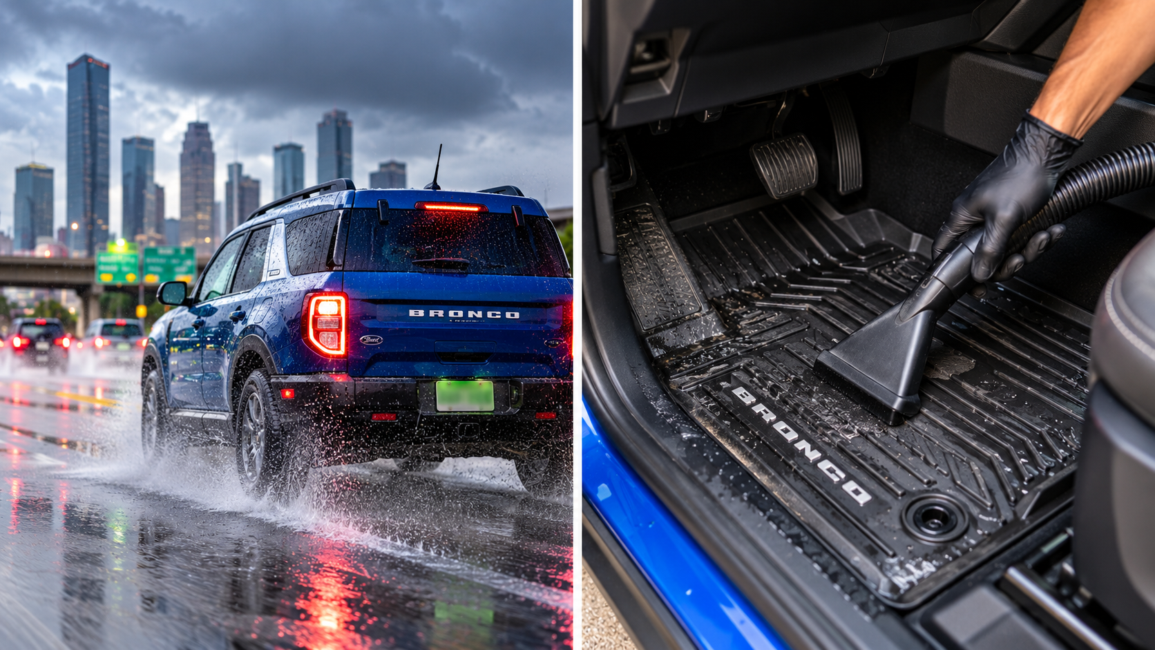 Professional interior car cleaning after rainy weather in Spring Branch Houston