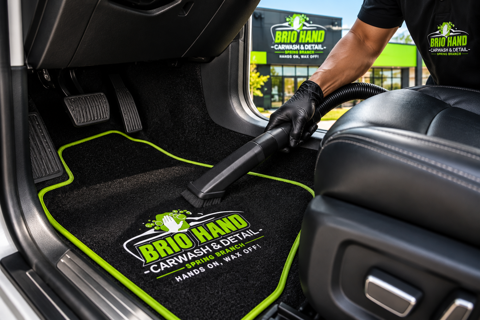 Professional car interior vacuuming at Brio Hand Car Wash and Detail Houston