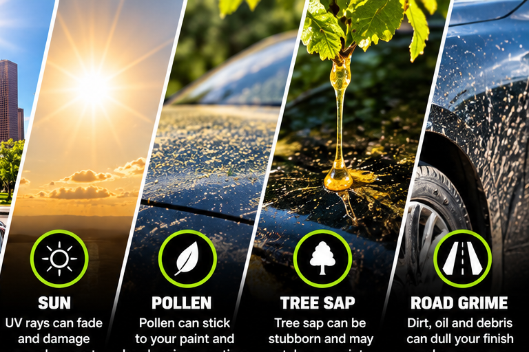 Houston sun pollen tree sap and road grime affecting vehicle paint