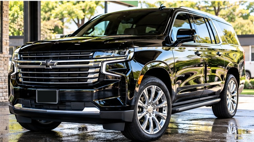 Black SUV prepared for professional car detailing in Houston