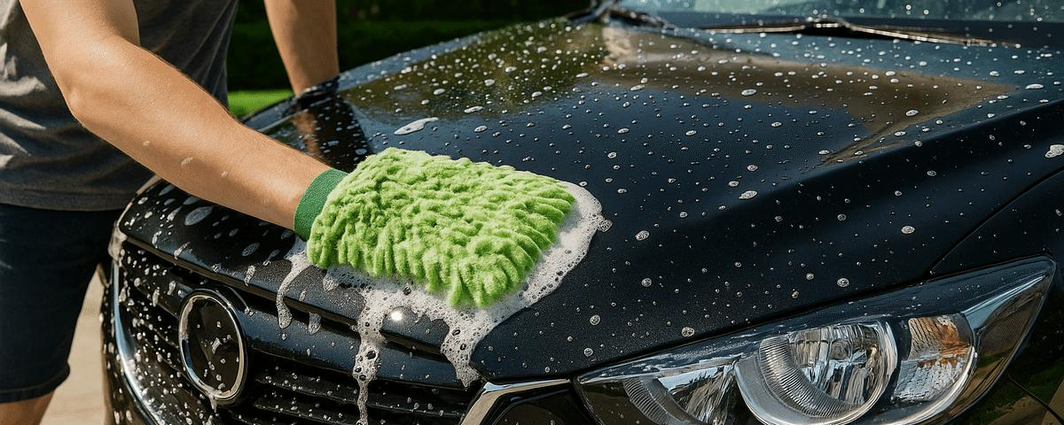 Professional detailer hand-washing a black vehicle with a microfiber wash mitt.