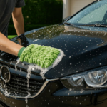 Professional detailer hand-washing a black vehicle with a microfiber wash mitt.