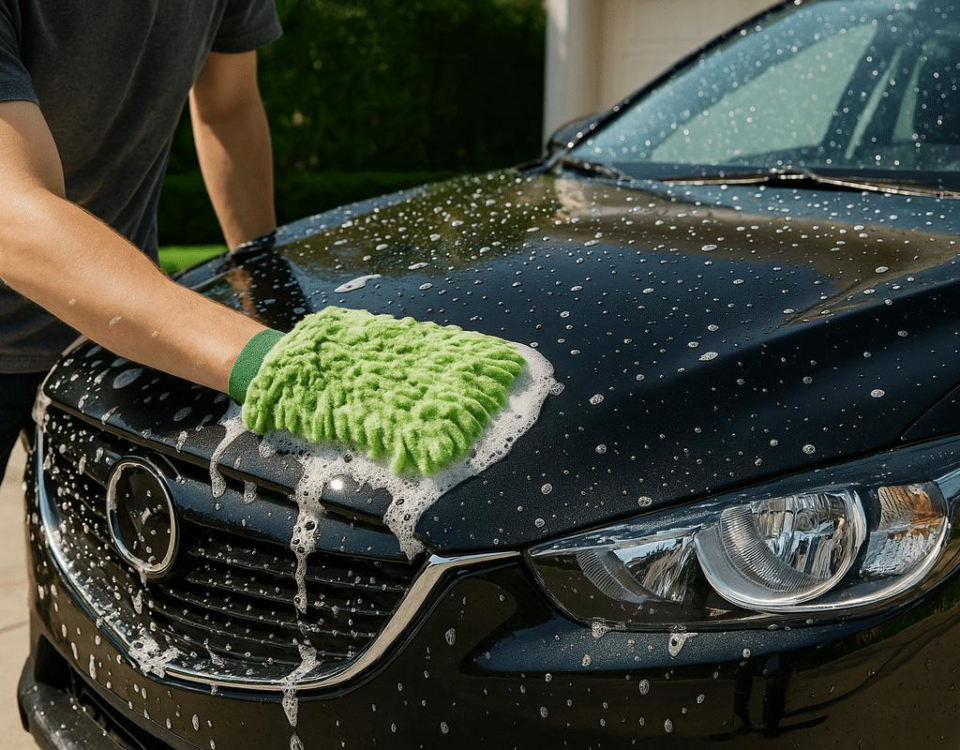 Professional detailer hand-washing a black vehicle with a microfiber wash mitt.