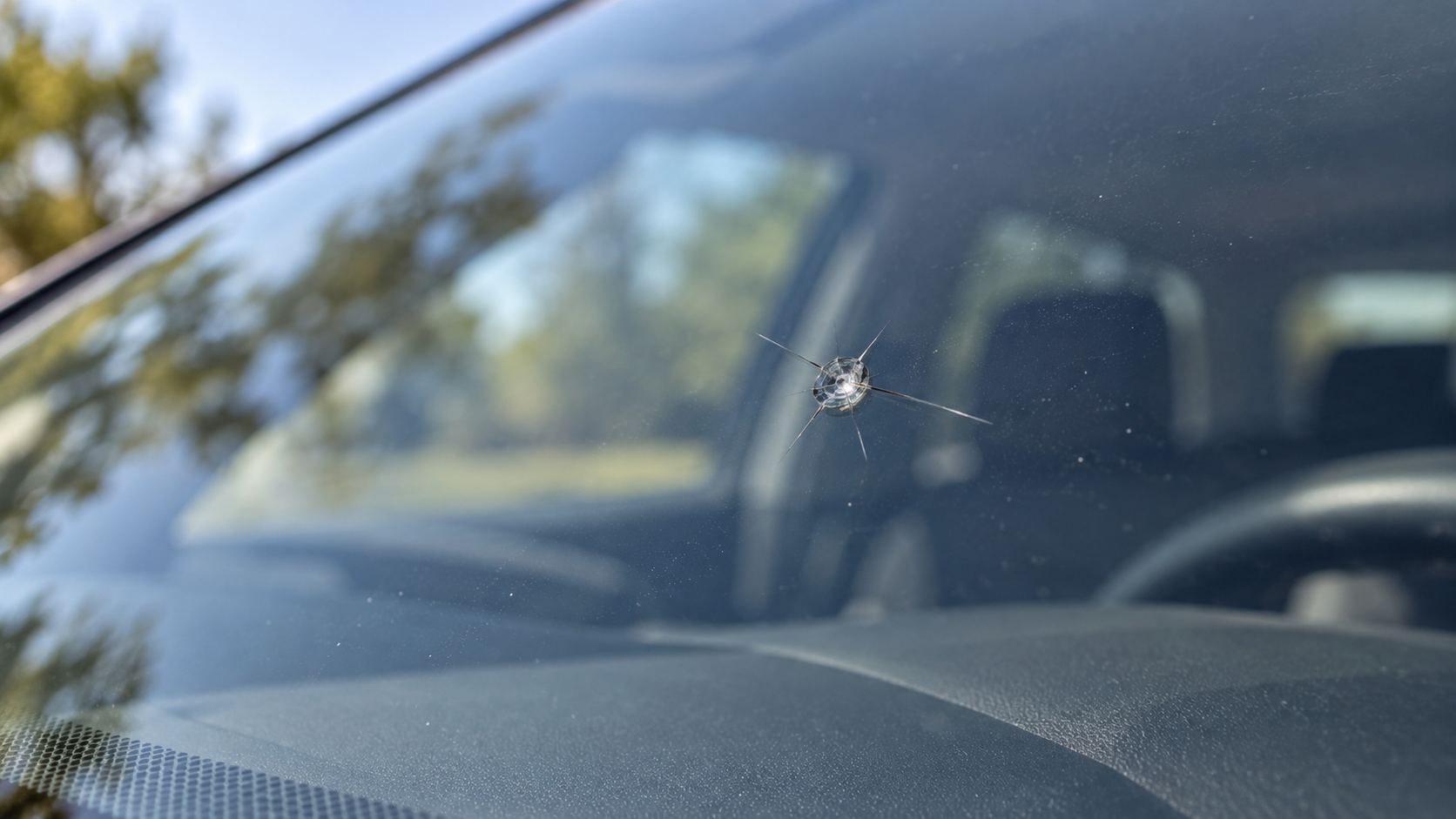 Close-up of a small rock chip with short cracks in windshield glass.