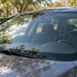 Crack visible in the windshield of a parked charcoal sedan