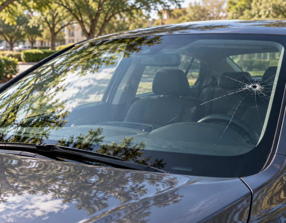 Crack visible in the windshield of a parked charcoal sedan