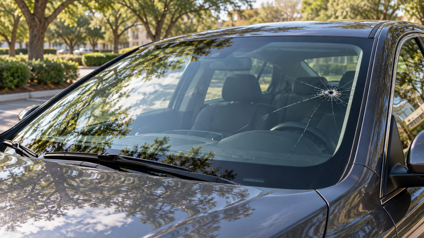 Crack visible in the windshield of a parked charcoal sedan.